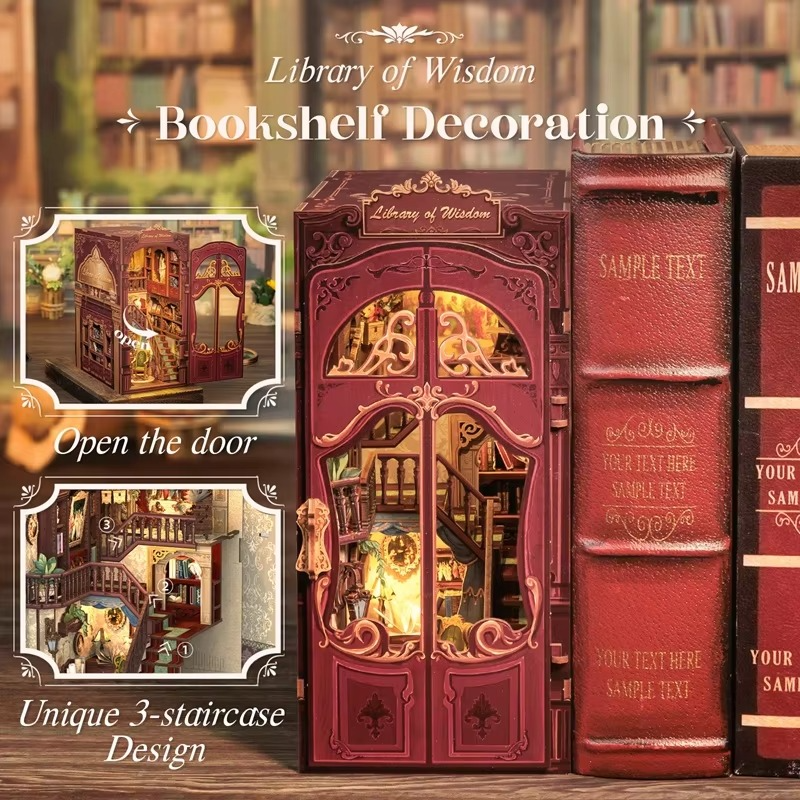 CUTEBEE Wooden Doll House Book Nook Kit Miniature House Model with Dust Cover Library of Wisdom for Christmas Gift Idea