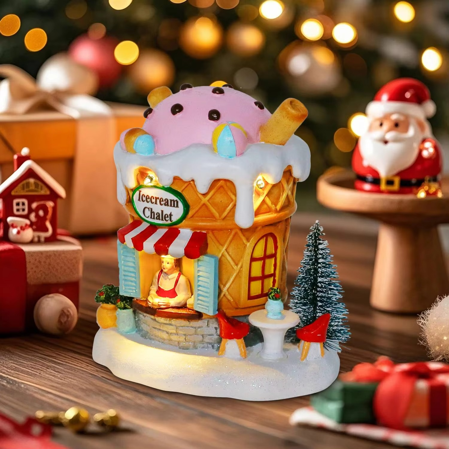 Light up Gingerbread Village House Christmas Decor Ice Cream Chalet Collectible Building Shop Figurines for Holiday Indoor Home