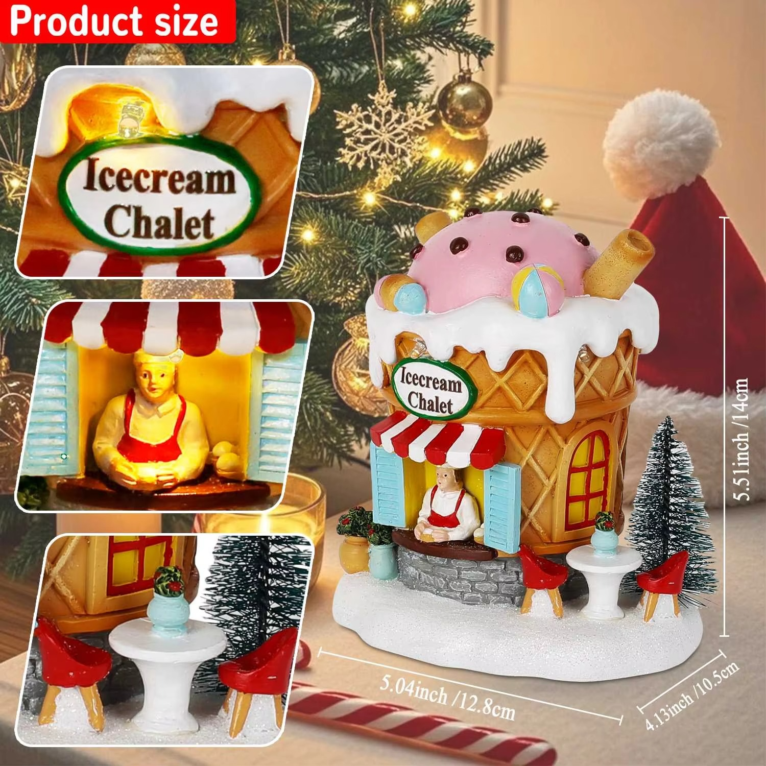 Light up Gingerbread Village House Christmas Decor Ice Cream Chalet Collectible Building Shop Figurines for Holiday Indoor Home