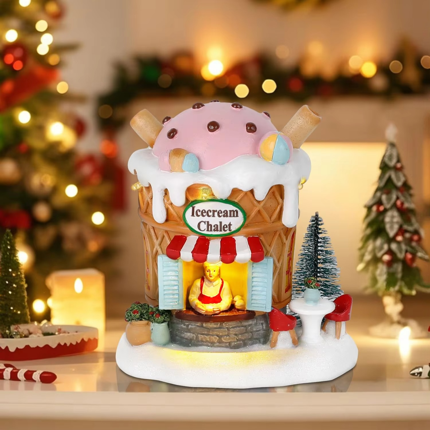 Light up Gingerbread Village House Christmas Decor Ice Cream Chalet Collectible Building Shop Figurines for Holiday Indoor Home