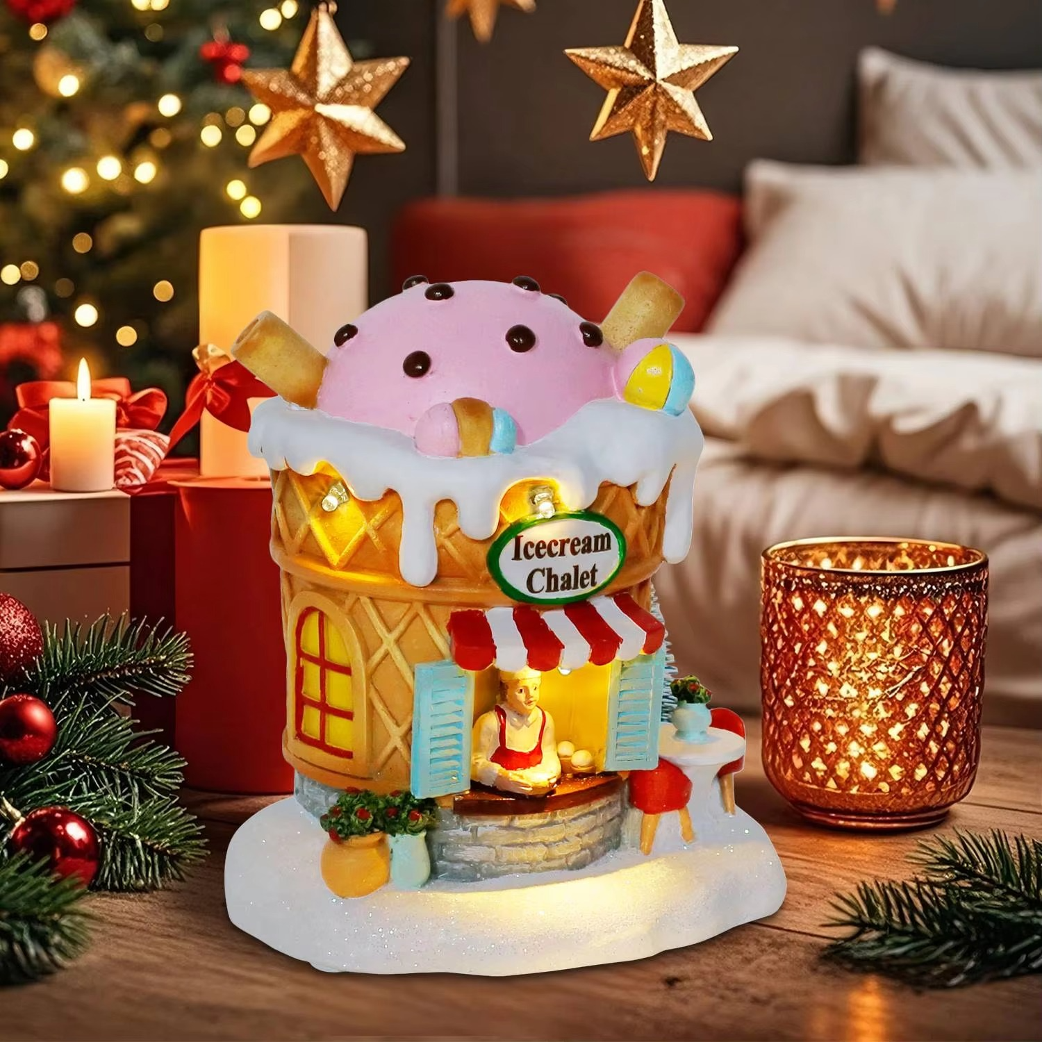 Light up Gingerbread Village House Christmas Decor Ice Cream Chalet Collectible Building Shop Figurines for Holiday Indoor Home