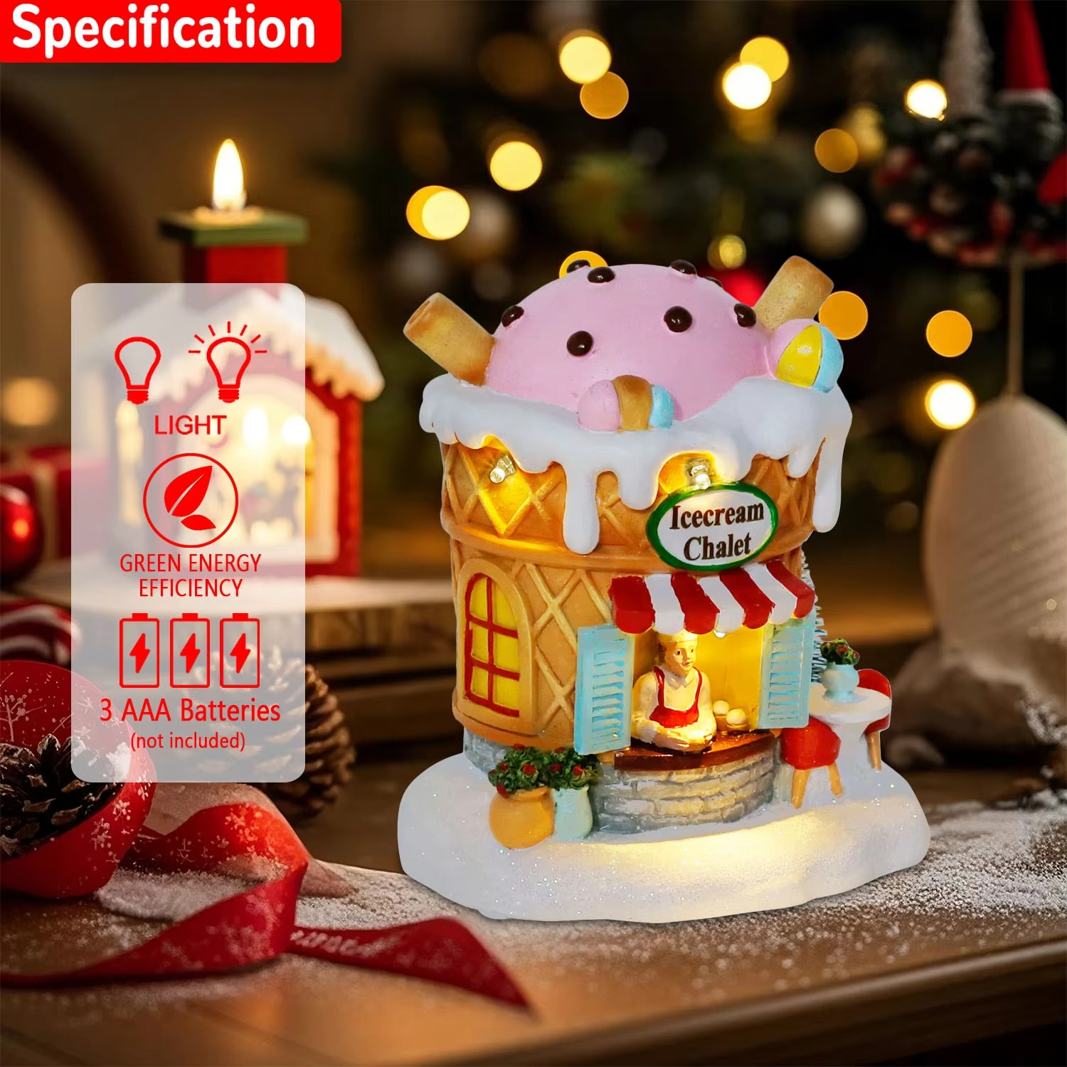 Light up Gingerbread Village House Christmas Decor Ice Cream Chalet Collectible Building Shop Figurines for Holiday Indoor Home
