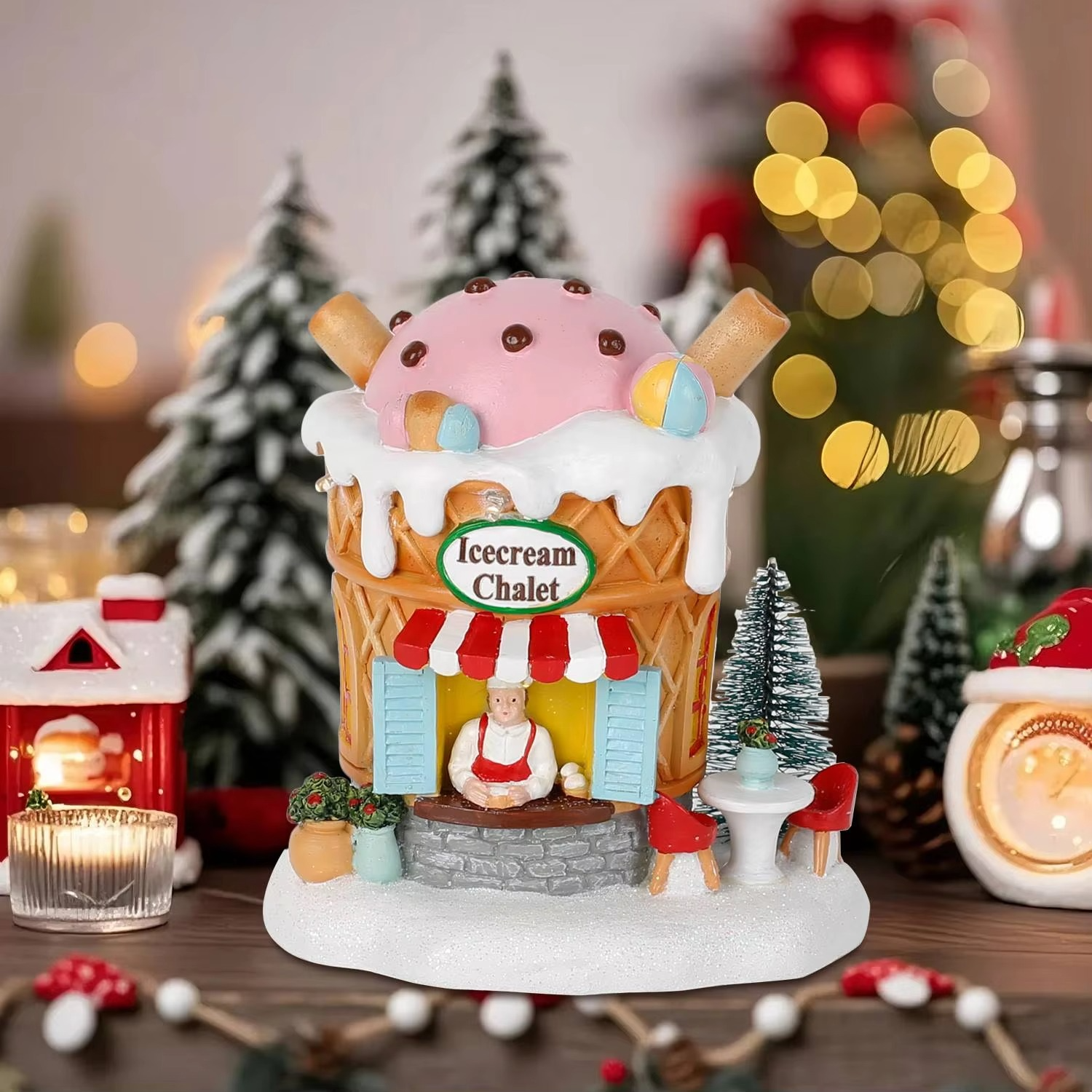 Light up Gingerbread Village House Christmas Decor Ice Cream Chalet Collectible Building Shop Figurines for Holiday Indoor Home