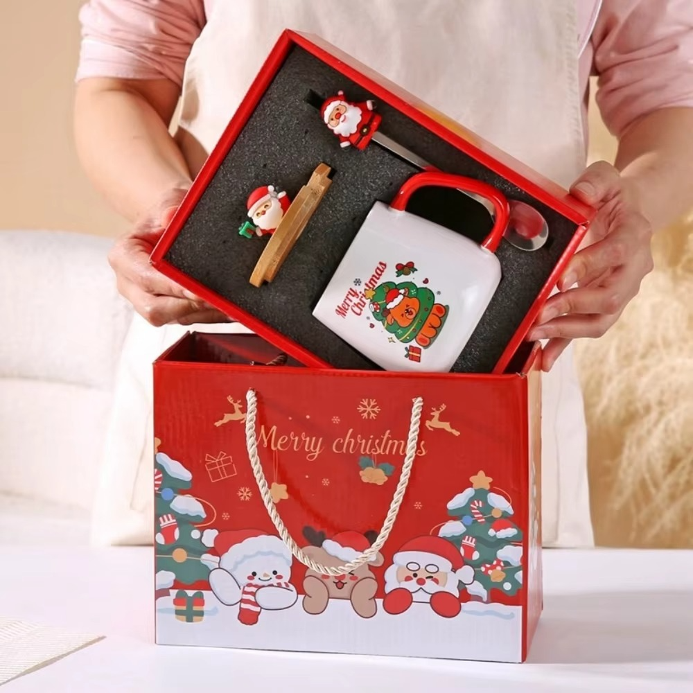 Cute Merry Christmas Mug Gift Box Ceramic Wooden Lids Cup Spoon Set Party Accessories Red Green Coffee Cup Teaspoon Home Use