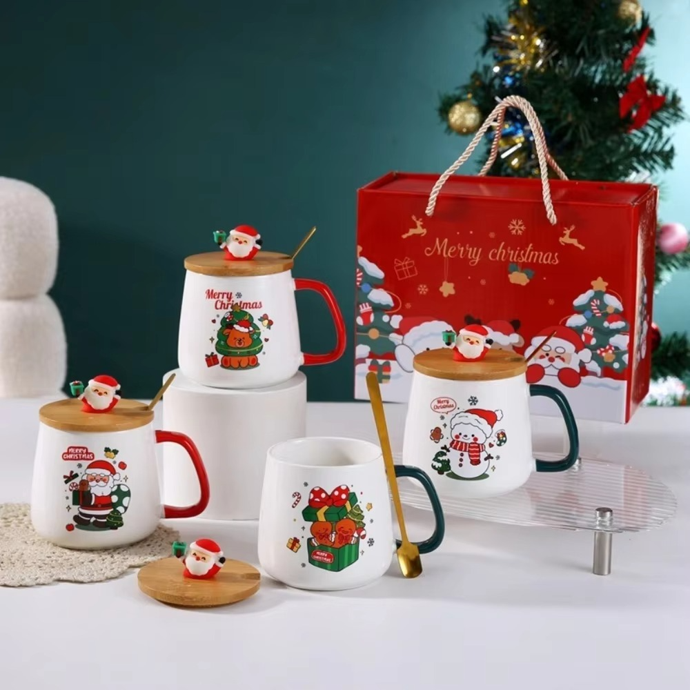 Cute Merry Christmas Mug Gift Box Ceramic Wooden Lids Cup Spoon Set Party Accessories Red Green Coffee Cup Teaspoon Home Use