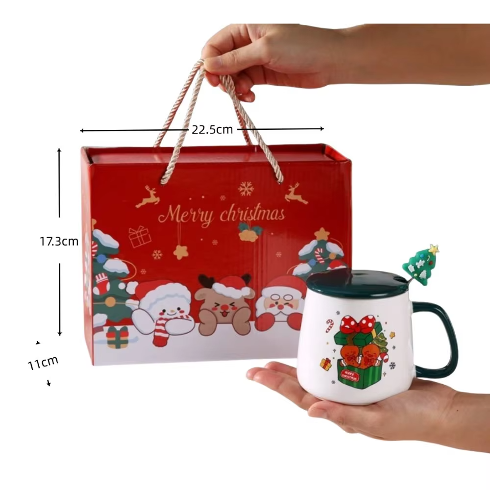 Cute Merry Christmas Mug Gift Box Ceramic Wooden Lids Cup Spoon Set Party Accessories Red Green Coffee Cup Teaspoon Home Use