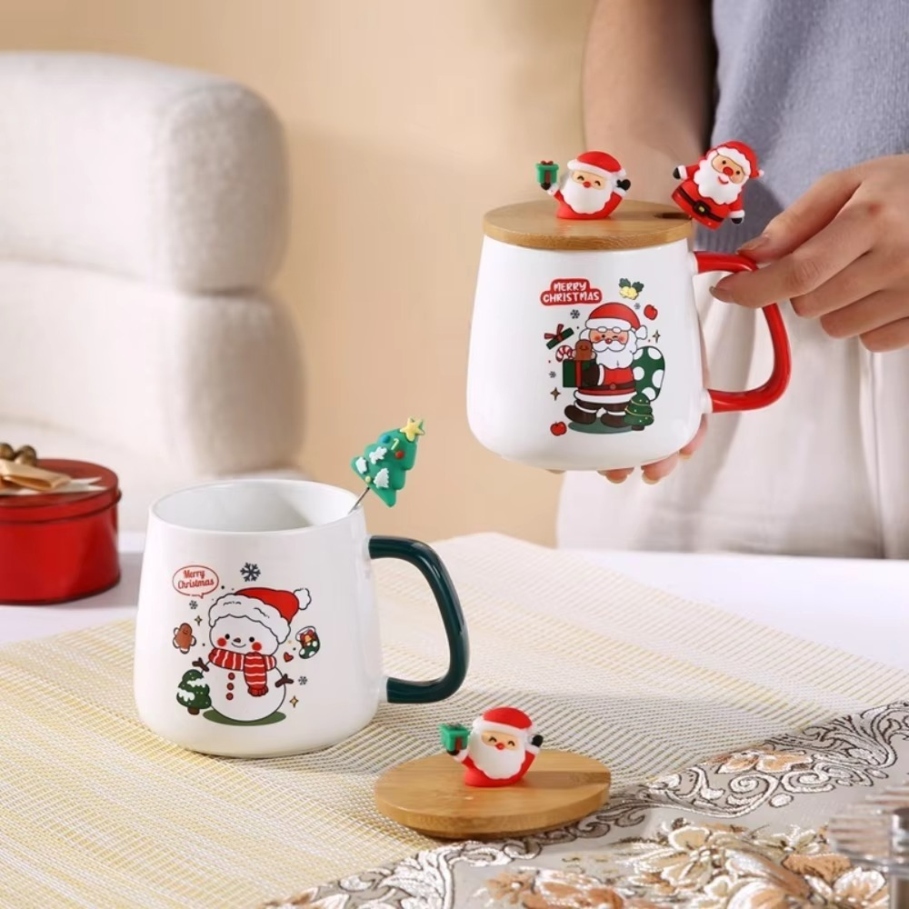 Cute Merry Christmas Mug Gift Box Ceramic Wooden Lids Cup Spoon Set Party Accessories Red Green Coffee Cup Teaspoon Home Use