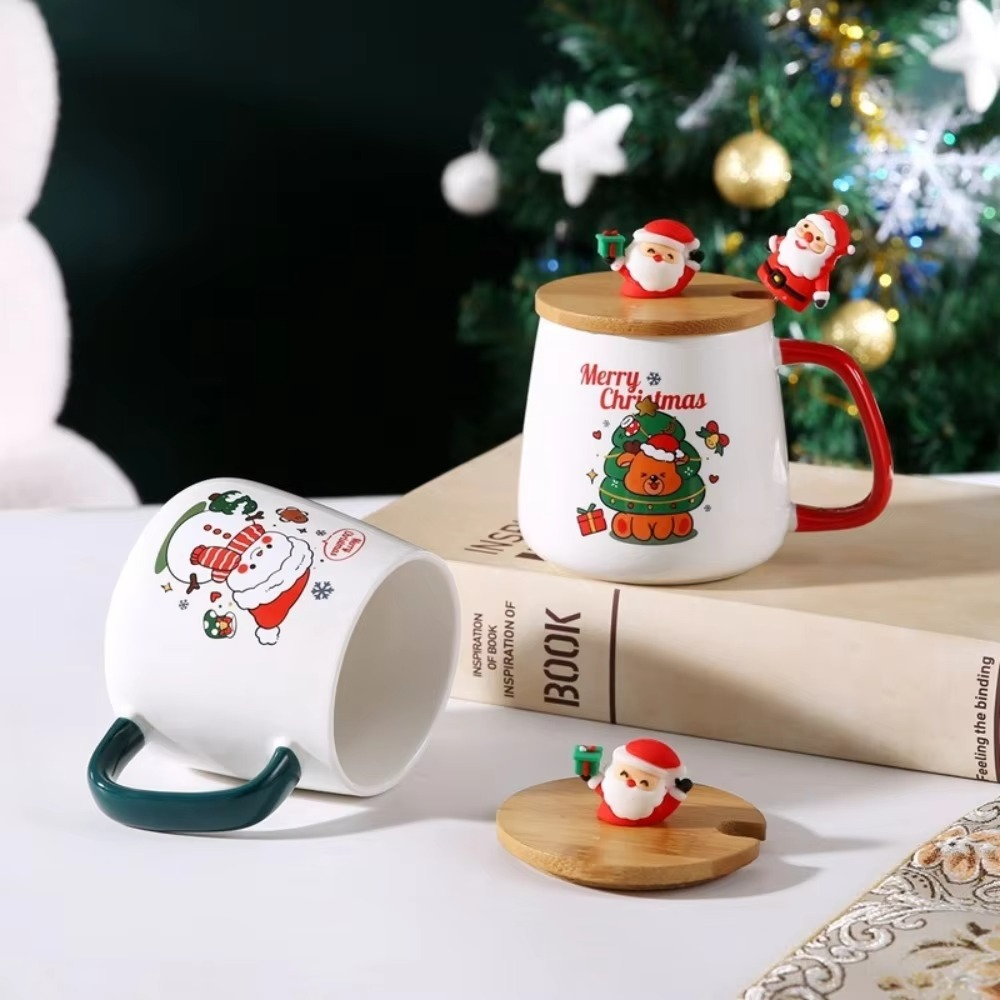 Cute Merry Christmas Mug Gift Box Ceramic Wooden Lids Cup Spoon Set Party Accessories Red Green Coffee Cup Teaspoon Home Use