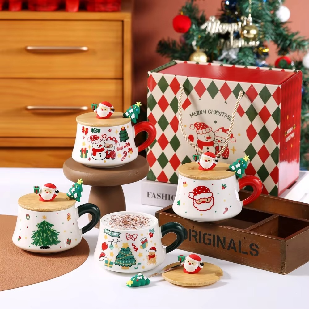 New Christmas cups, ceramic mugs with LIDS, household water cups, office coffee cups, Christmas, birthday and festival gifts