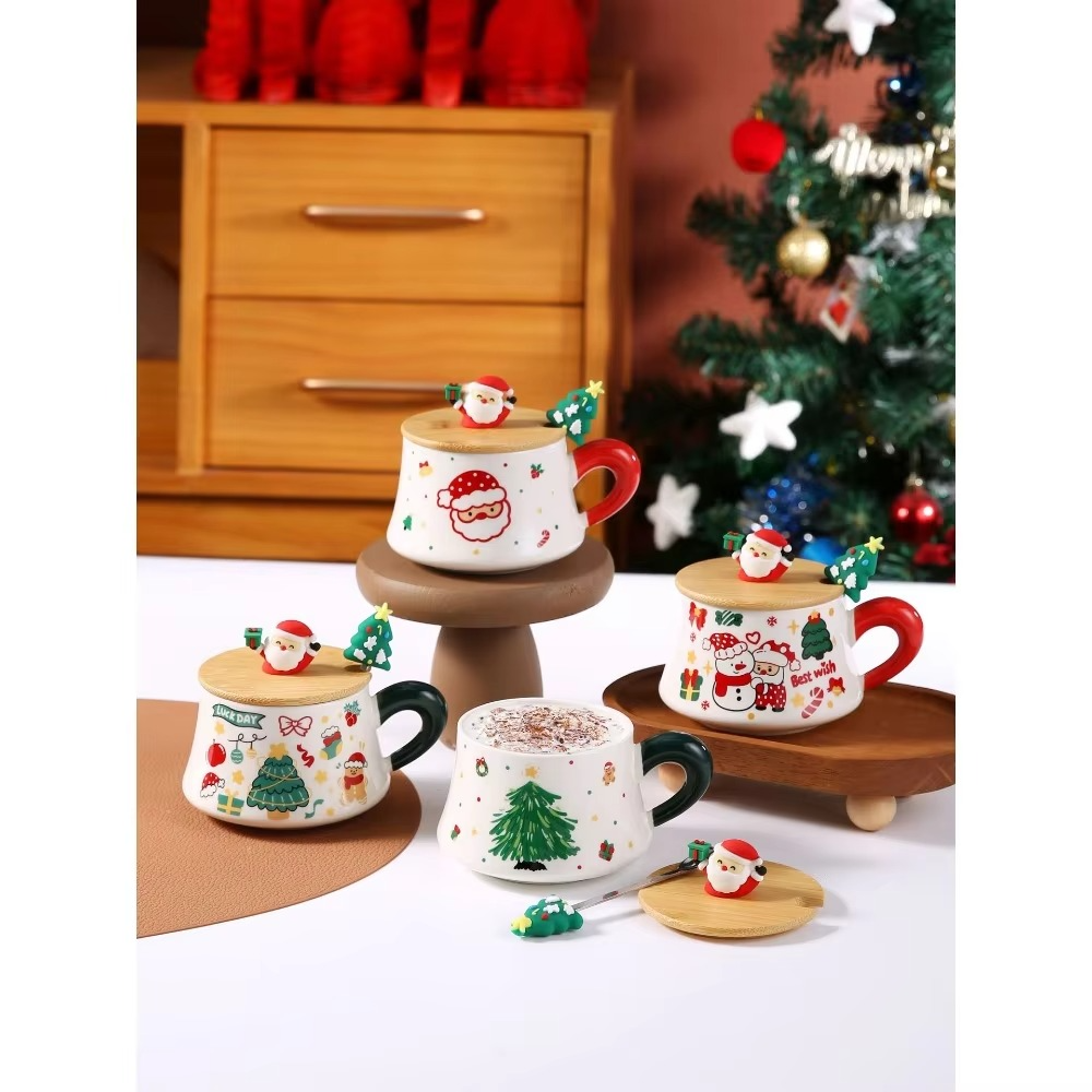 New Christmas cups, ceramic mugs with LIDS, household water cups, office coffee cups, Christmas, birthday and festival gifts