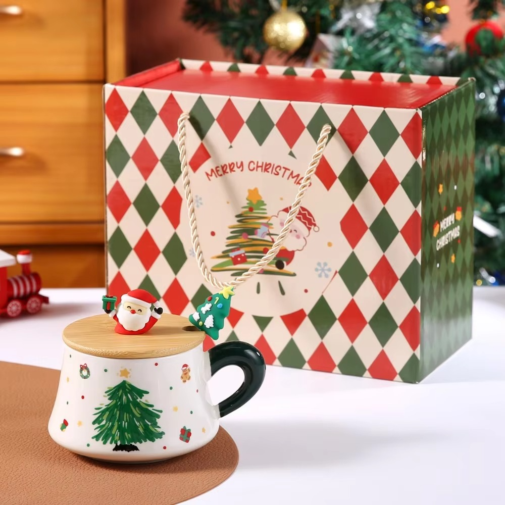 New Christmas cups, ceramic mugs with LIDS, household water cups, office coffee cups, Christmas, birthday and festival gifts