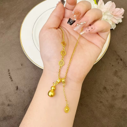 Light luxury 9999 24K real gold ancient method necklace with royal style gourd blessing character clavicle chain female jewelry