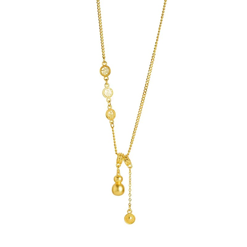 Light luxury 9999 24K real gold ancient method necklace with royal style gourd blessing character clavicle chain female jewelry