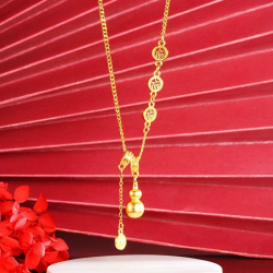 Light luxury 9999 24K real gold ancient method necklace with royal style gourd blessing character clavicle chain female jewelry