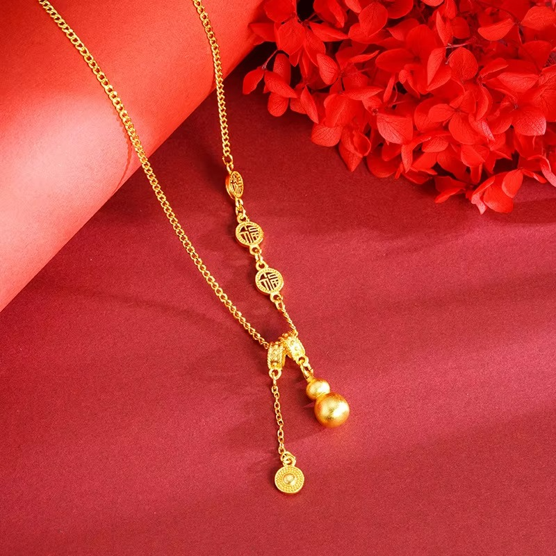Light luxury 9999 24K real gold ancient method necklace with royal style gourd blessing character clavicle chain female jewelry