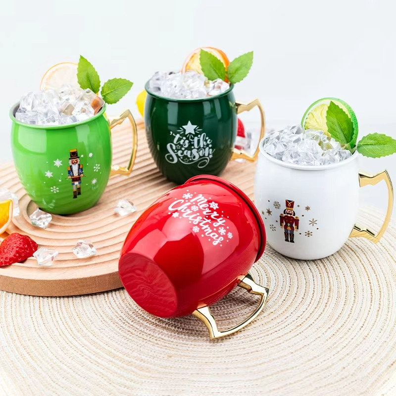 Christmas 350ml Stainless Steel Moscow Mule Mug Holiday Copper Plated Drinking Cup for Cocktails Beer Party Gift Barware