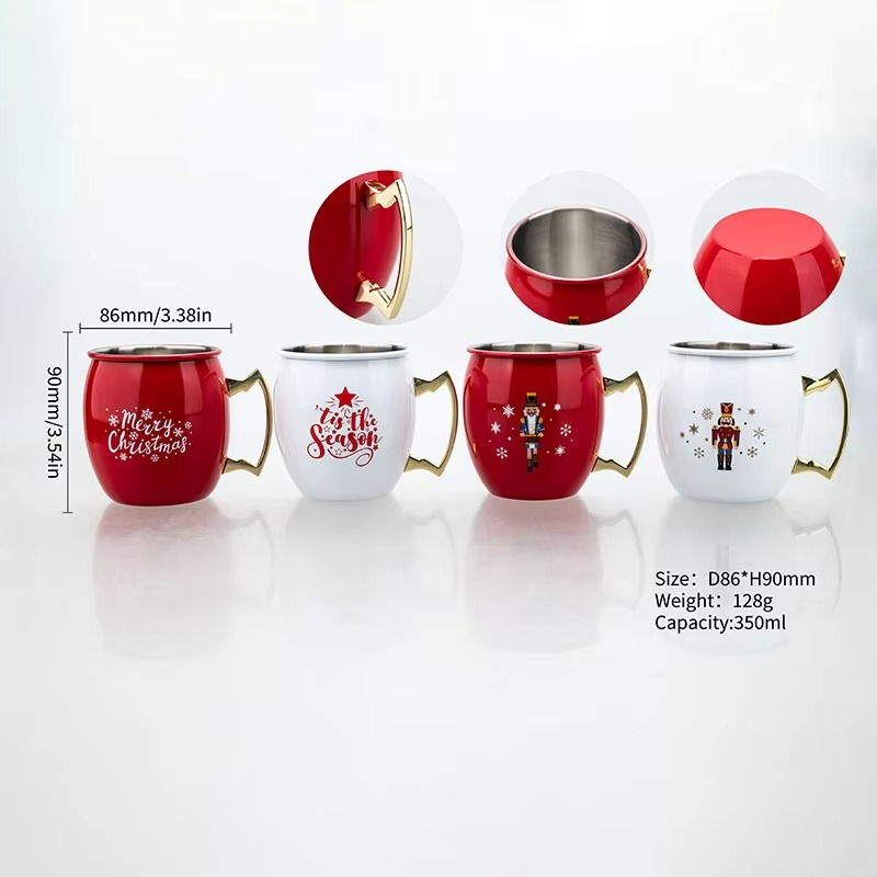 Christmas 350ml Stainless Steel Moscow Mule Mug Holiday Copper Plated Drinking Cup for Cocktails Beer Party Gift Barware