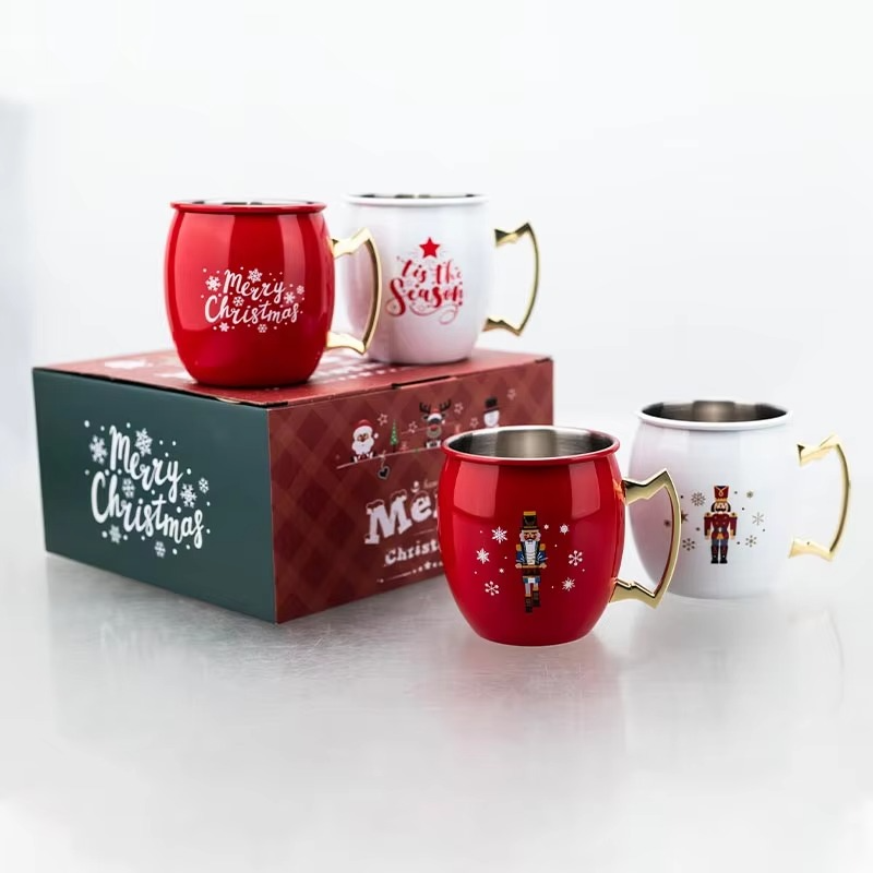 Christmas 350ml Stainless Steel Moscow Mule Mug Holiday Copper Plated Drinking Cup for Cocktails Beer Party Gift Barware
