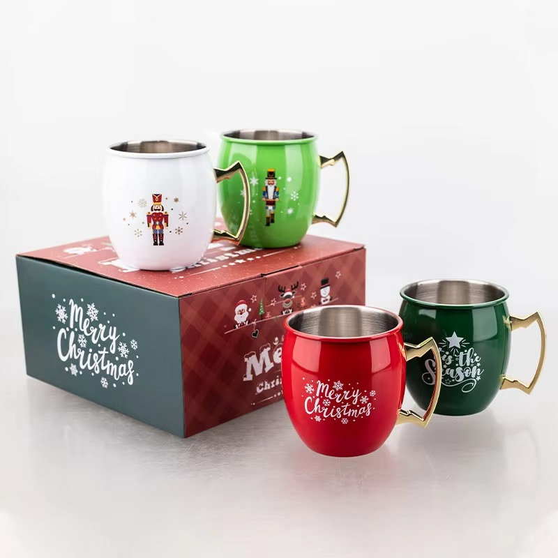Christmas 350ml Stainless Steel Moscow Mule Mug Holiday Copper Plated Drinking Cup for Cocktails Beer Party Gift Barware