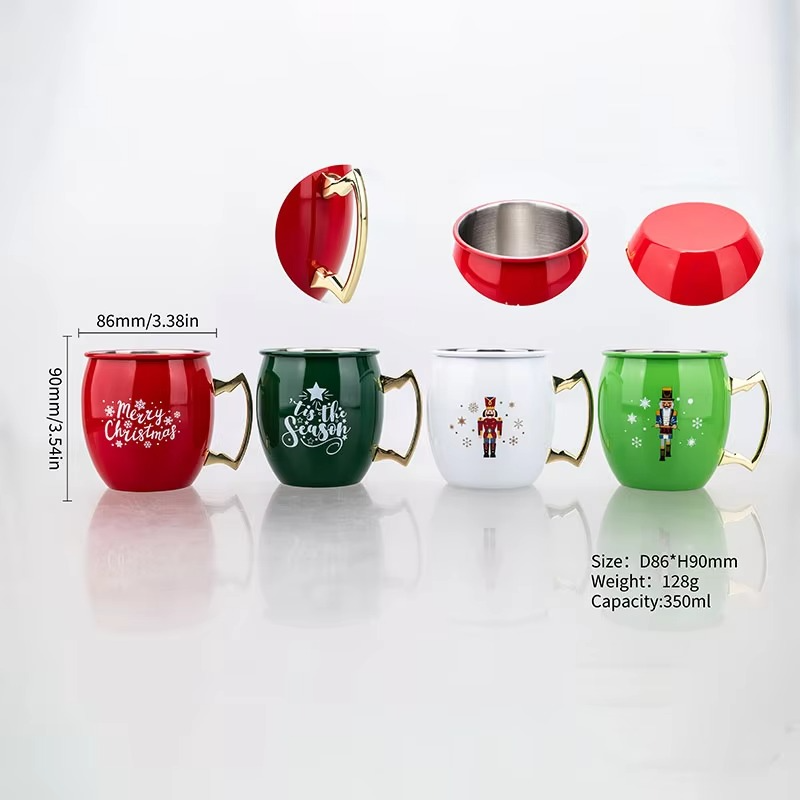 Christmas 350ml Stainless Steel Moscow Mule Mug Holiday Copper Plated Drinking Cup for Cocktails Beer Party Gift Barware