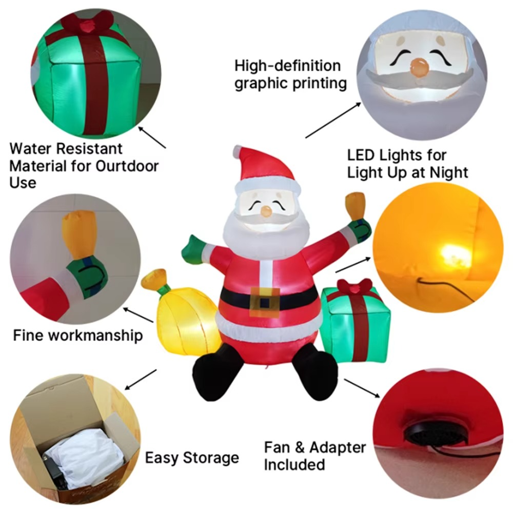 1.5M Christmas Inflatable Sitting Santa Claus Bring Two Gift Bags Built-in LED Light Indoor Outdoor Inflatable Party Prop Decor