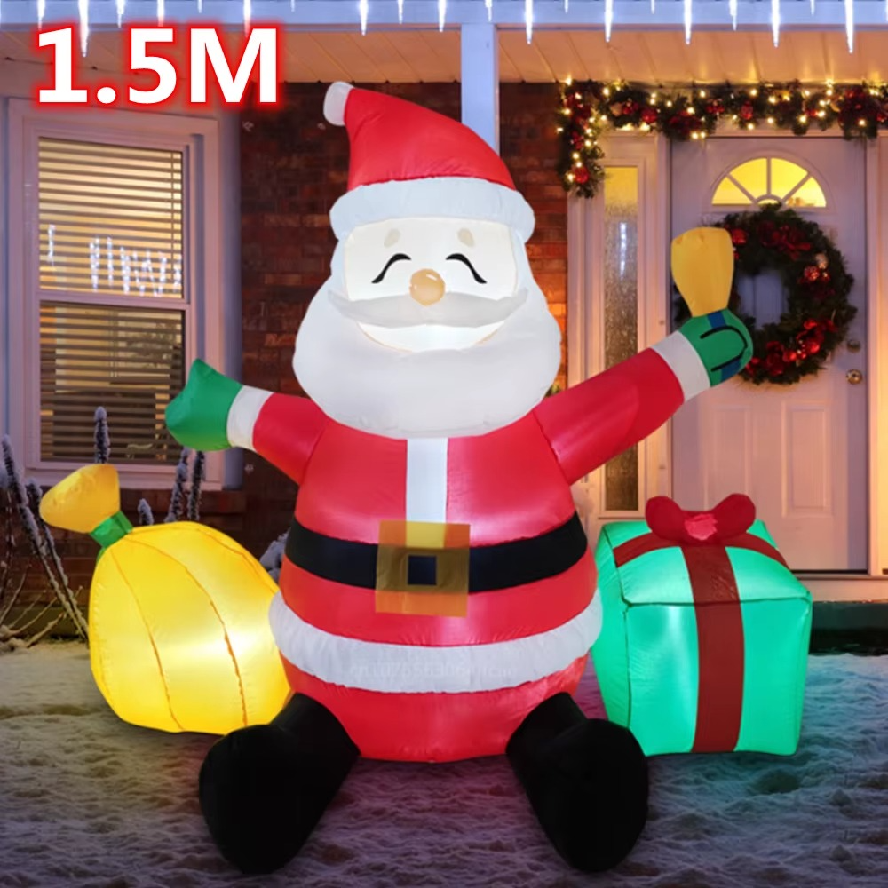 1.5M Christmas Inflatable Sitting Santa Claus Bring Two Gift Bags Built-in LED Light Indoor Outdoor Inflatable Party Prop Decor