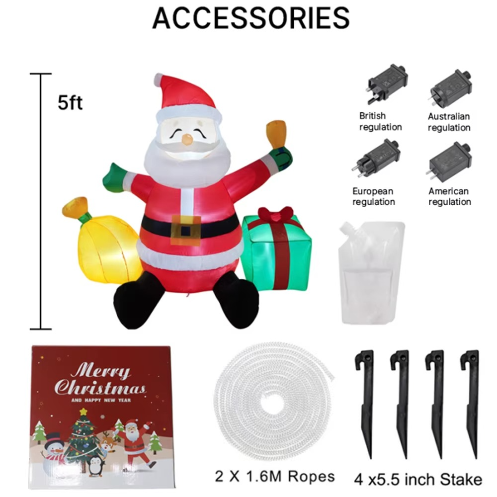 1.5M Christmas Inflatable Sitting Santa Claus Bring Two Gift Bags Built-in LED Light Indoor Outdoor Inflatable Party Prop Decor