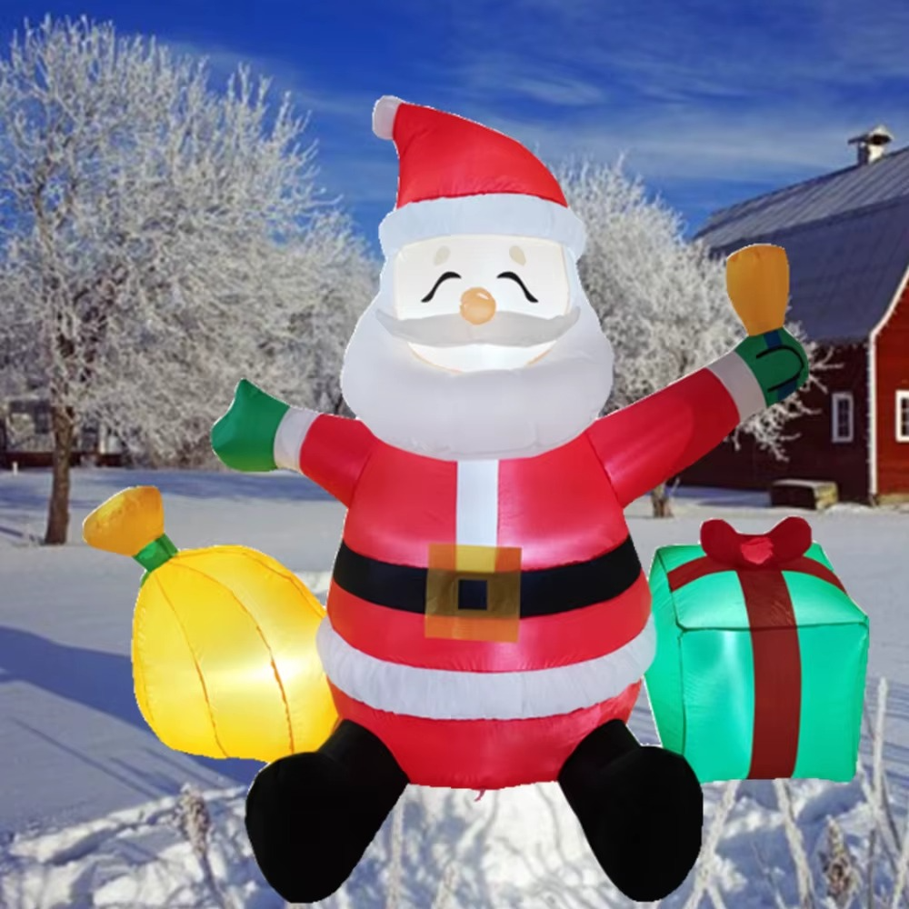 1.5M Christmas Inflatable Sitting Santa Claus Bring Two Gift Bags Built-in LED Light Indoor Outdoor Inflatable Party Prop Decor