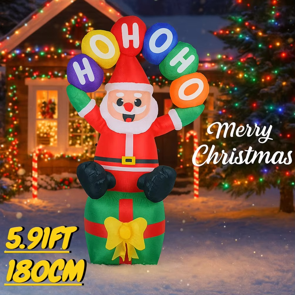 5.91FT Inflatable Toy Santa Claus Gift Box with LED Light Xmas Yard Lawn Party Decoration Christmas Home Supplies Ornaments Gift