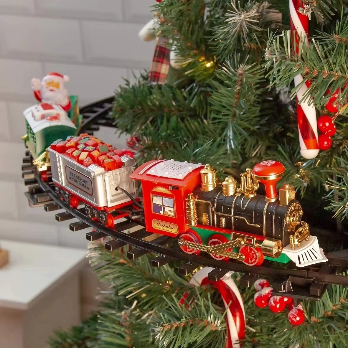 Battery Operate Railway Train with Sound&Light Railway Car Toys Christmas Train Tree Decoration Track Electric Toys for Kids