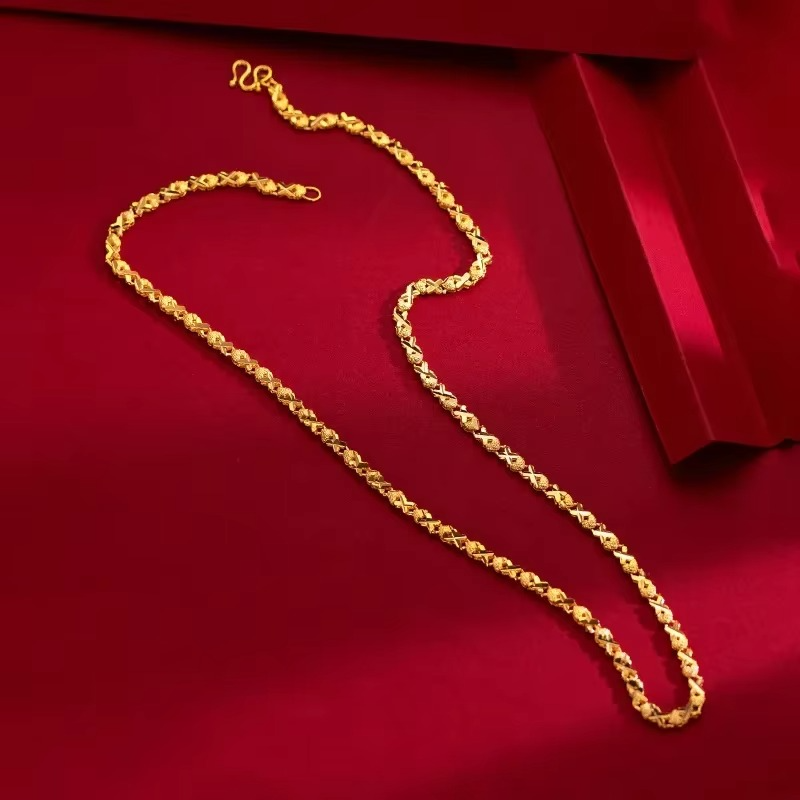 24K yellow gold 9999 real gold vintage women's clover heart inverted sweater necklace Gift for Valentine's Day