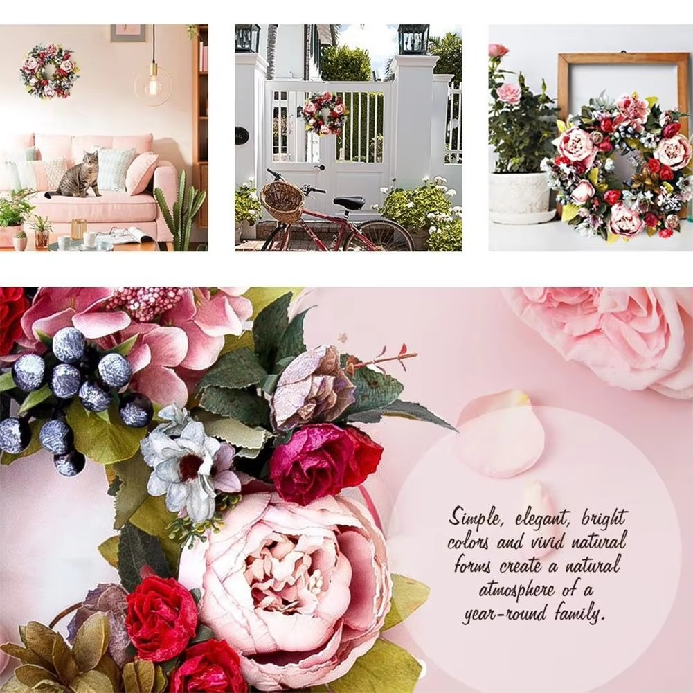 35CM Retro Peony Flower Wreath Elegant Silk cloth simulation flower Wall Hanging Christmas Wedding Party Home Decor Front Door