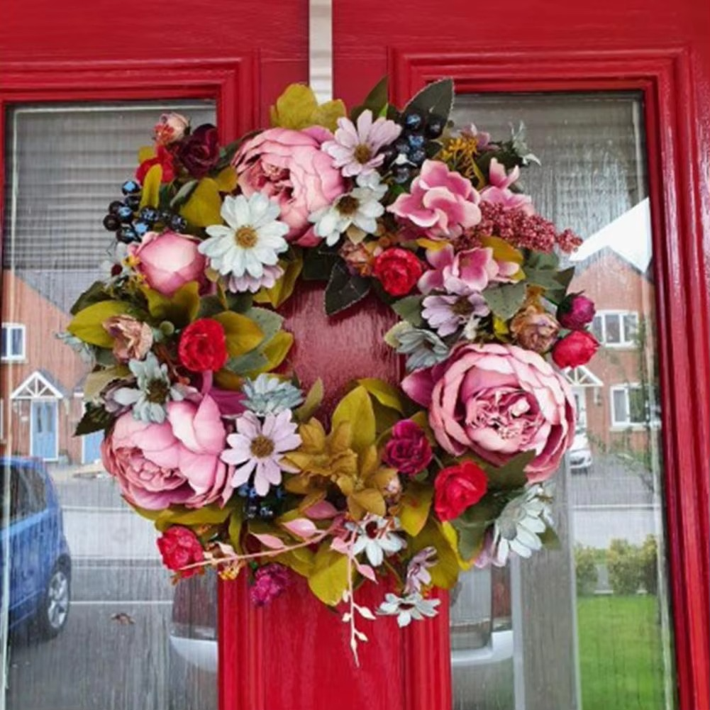 35CM Retro Peony Flower Wreath Elegant Silk cloth simulation flower Wall Hanging Christmas Wedding Party Home Decor Front Door