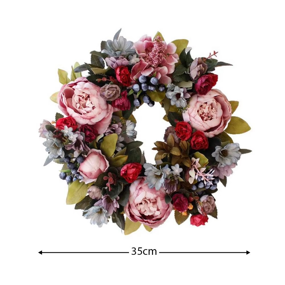 35CM Retro Peony Flower Wreath Elegant Silk cloth simulation flower Wall Hanging Christmas Wedding Party Home Decor Front Door