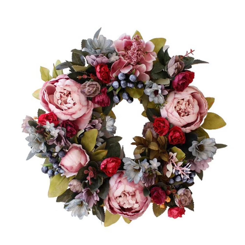 35CM Retro Peony Flower Wreath Elegant Silk cloth simulation flower Wall Hanging Christmas Wedding Party Home Decor Front Door