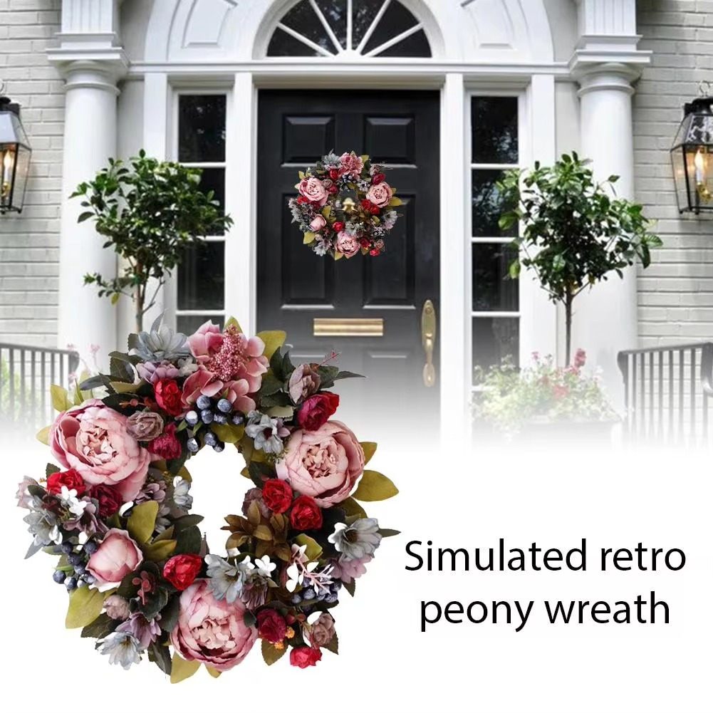 35CM Retro Peony Flower Wreath Elegant Silk cloth simulation flower Wall Hanging Christmas Wedding Party Home Decor Front Door