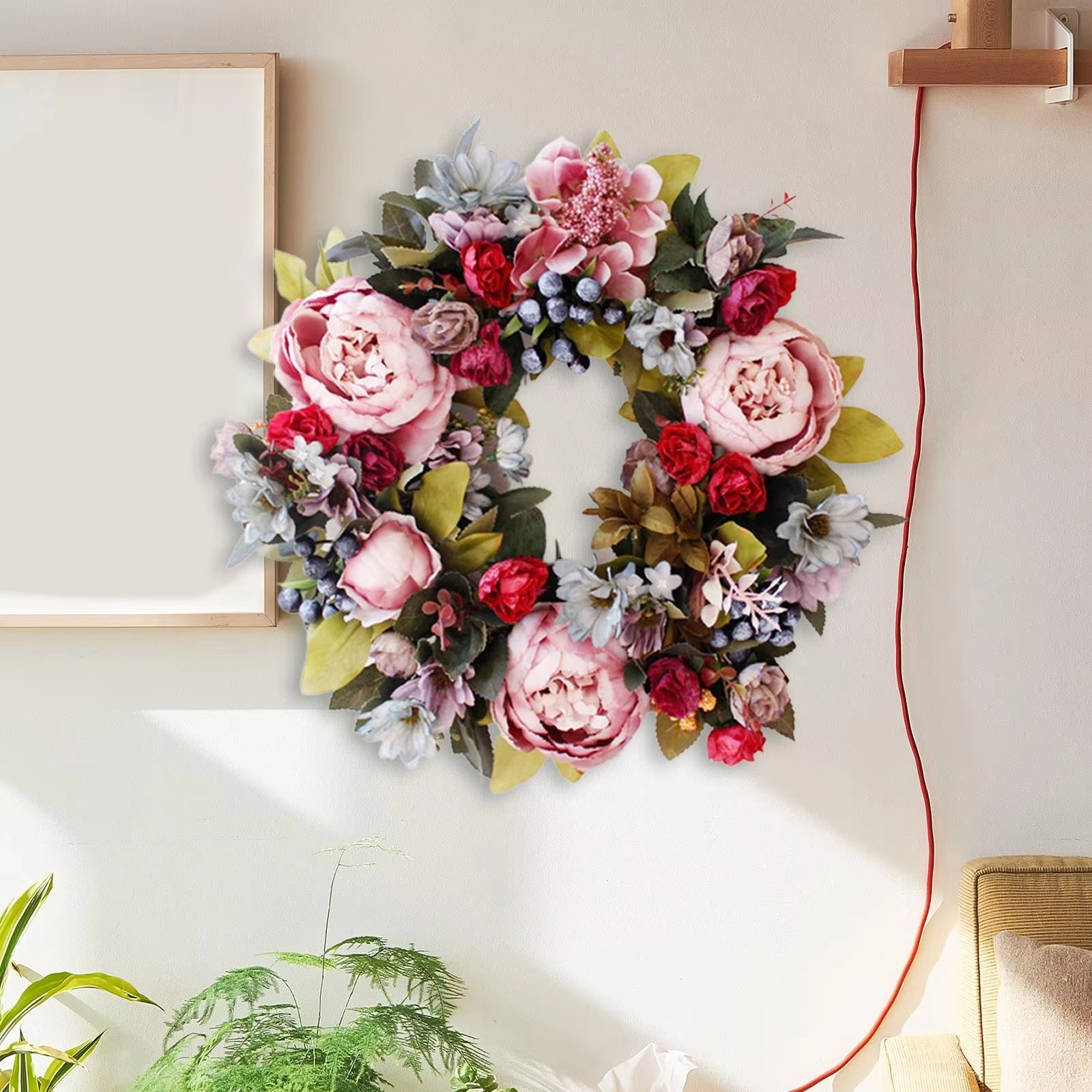 Wall Hanging Artificial Wreath Handmade 13.8" Simulated Garland Rattan Rings for Door Holiday Party Decor Photography Props