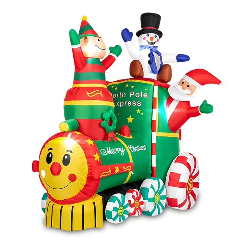 1.8M/5.9FT Height Christmas Inflatable Santa ClausThe Train with Elf and Snowman Built-in LED Lights Blow up Outdoor Lawn Yard