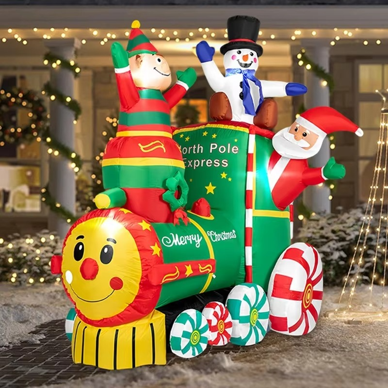1.8M/5.9FT Height Christmas Inflatable Santa ClausThe Train with Elf and Snowman Built-in LED Lights Blow up Outdoor Lawn Yard