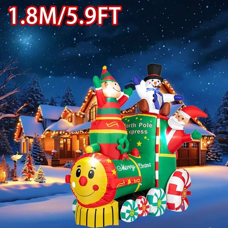 1.8M/5.9FT Height Christmas Inflatable Santa ClausThe Train with Elf and Snowman Built-in LED Lights Blow up Outdoor Lawn Yard
