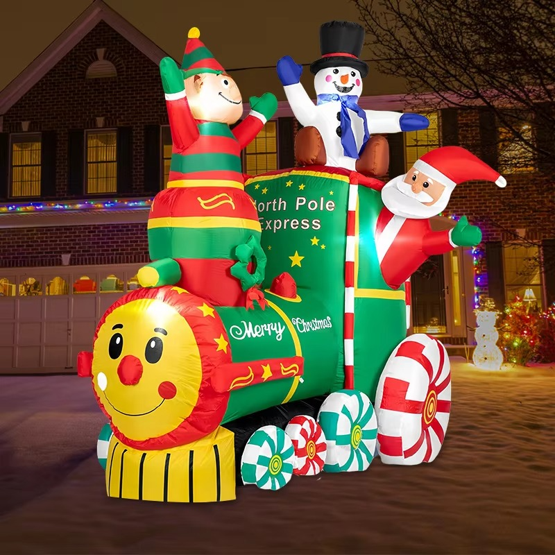 1.8M/5.9FT Height Christmas Inflatable Santa ClausThe Train with Elf and Snowman Built-in LED Lights Blow up Outdoor Lawn Yard