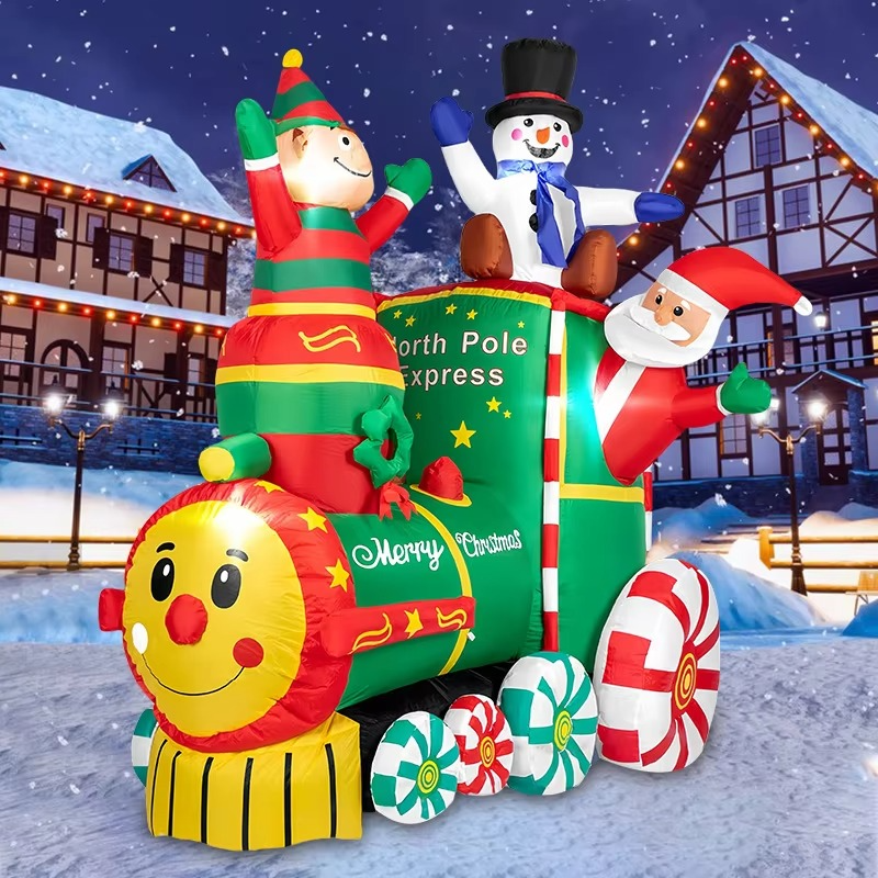 1.8M/5.9FT Height Christmas Inflatable Santa ClausThe Train with Elf and Snowman Built-in LED Lights Blow up Outdoor Lawn Yard