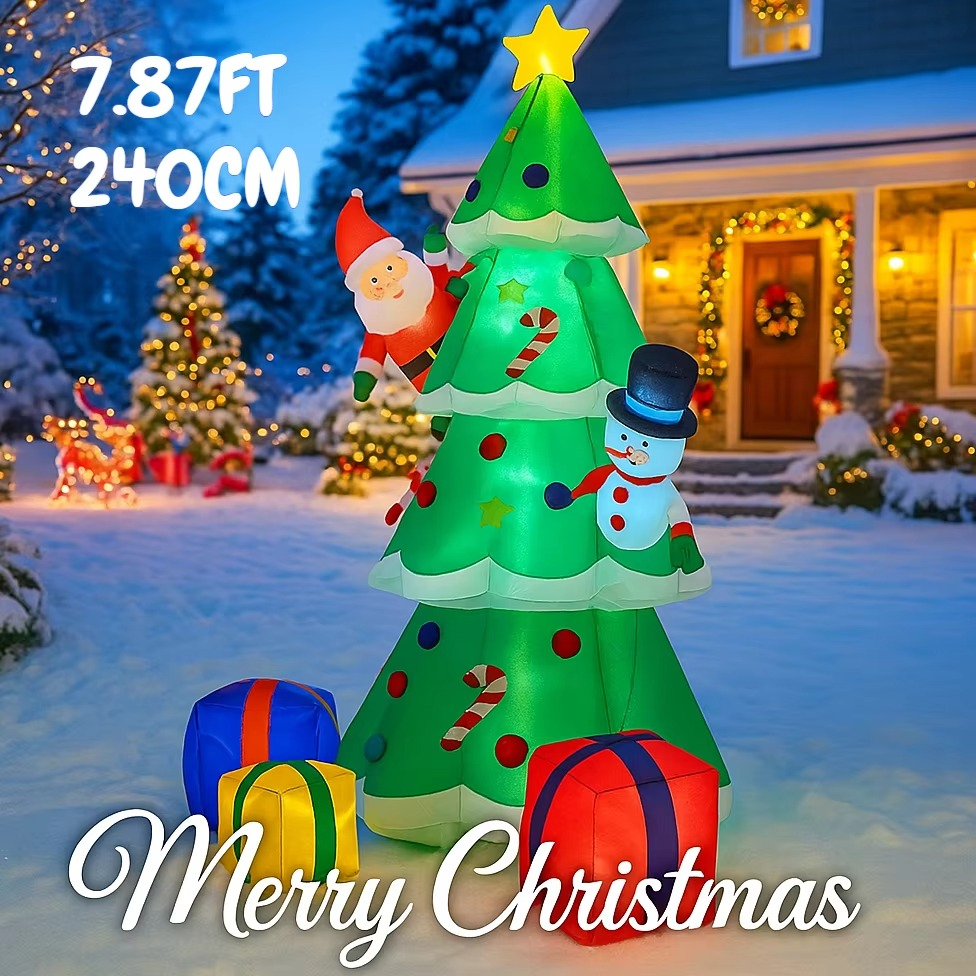 7.87FT Inflatable Toy Christmas Tree Decor Set Santa Snowman Gift Box With Xmas Yard Ornament Supplies Xmas Festive Gift LED Lit