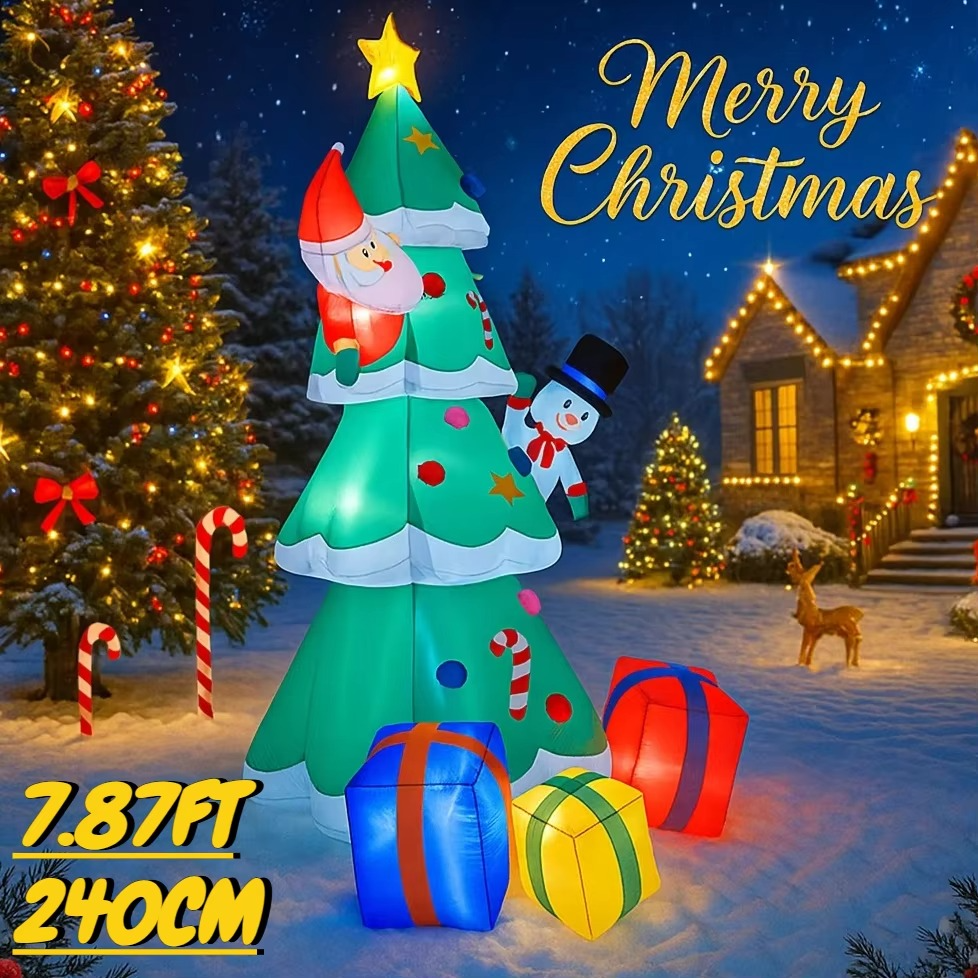7.87FT Inflatable Toy Christmas Tree Decor Set Santa Snowman Gift Box With Xmas Yard Ornament Supplies Xmas Festive Gift LED Lit