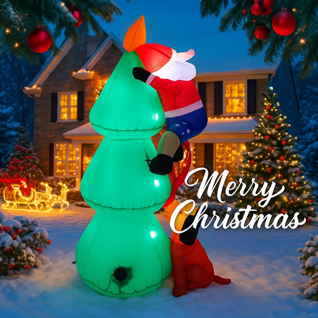 5.9FT LED Inflatable Xmas Yard Decor Santa Climbing Tree with Dog Christmas Decoration Toy Supplie Home Decor Ornaments Gifts