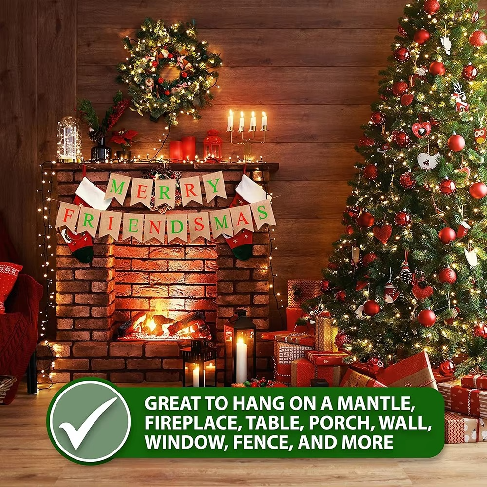 Merry Friendsmas Burlap Banner Christmas Party Decorations Sign Winter Holiday Home Fireplace Wall Accessories New Year's Gift