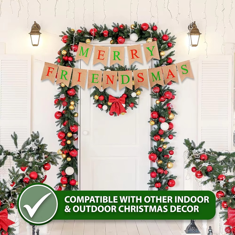 Merry Friendsmas Burlap Banner Christmas Party Decorations Sign Winter Holiday Home Fireplace Wall Accessories New Year's Gift