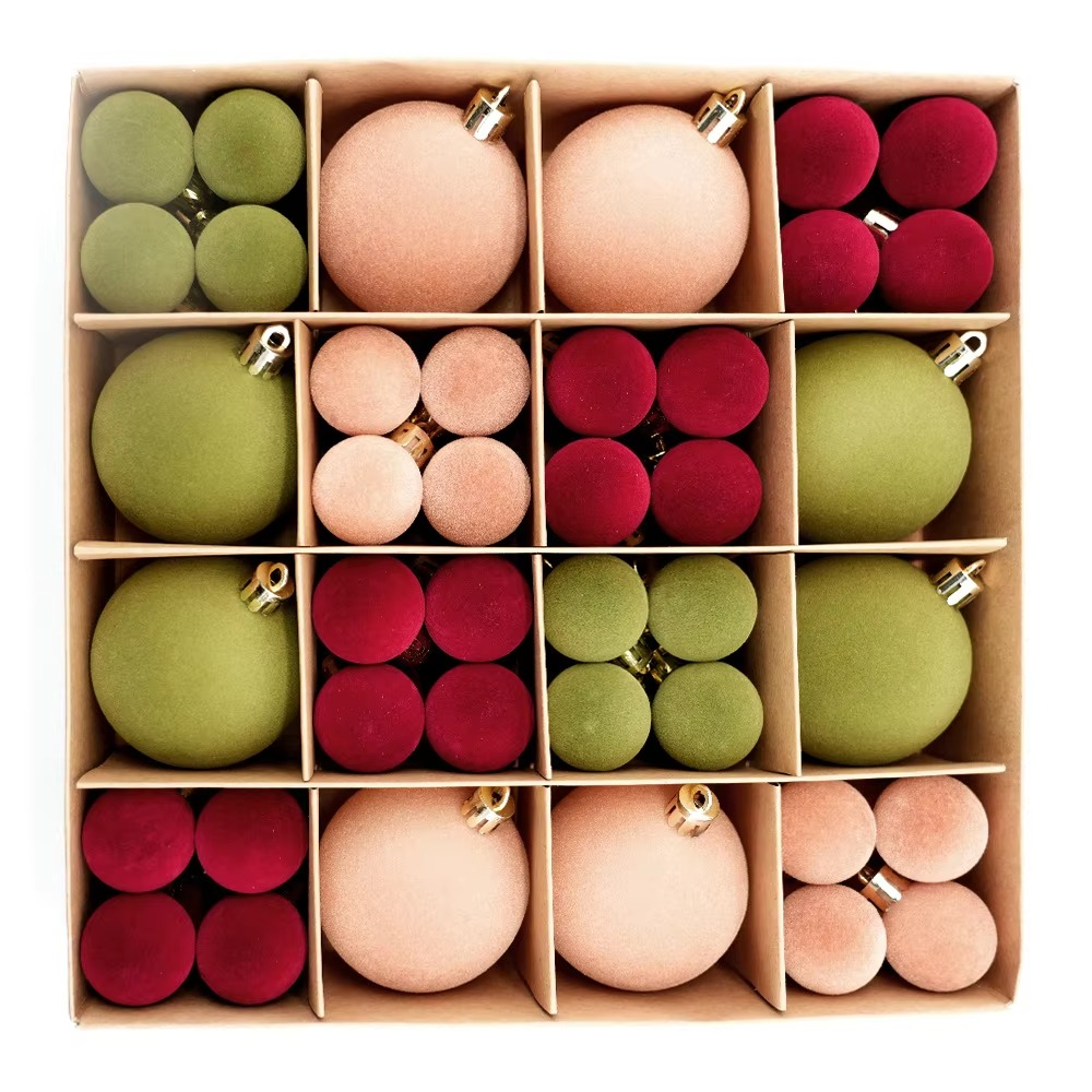 72pcs Christmas Balls Ornaments for Tree Shatterproof Flocked Christmas Ornaments for Xmas Trees Decorations Red Green Brown