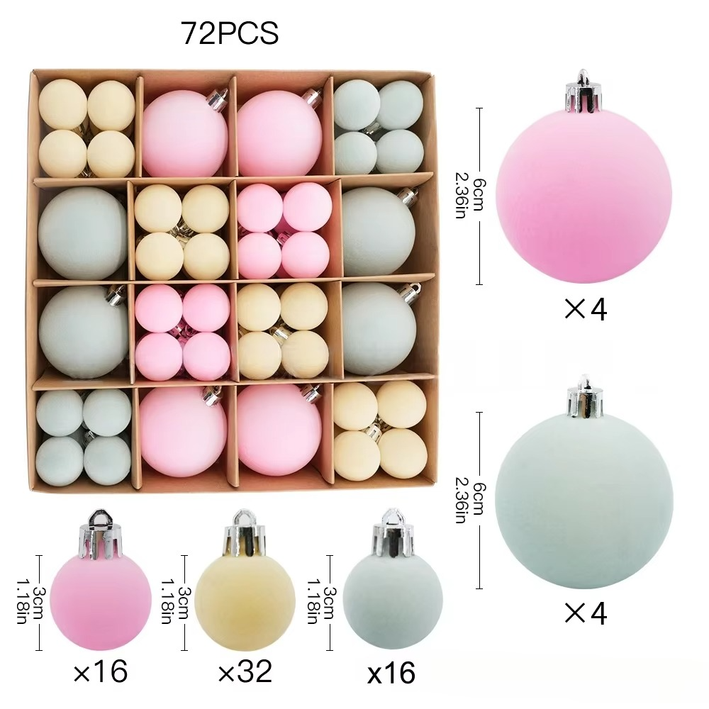 72pcs Christmas Balls Ornaments for Tree Shatterproof Flocked Christmas Ornaments for Xmas Trees Decorations Red Green Brown