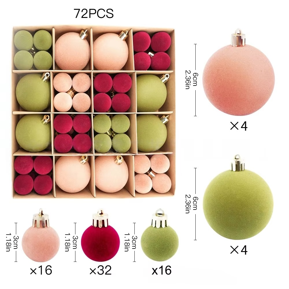 72pcs Christmas Balls Ornaments for Tree Shatterproof Flocked Christmas Ornaments for Xmas Trees Decorations Red Green Brown